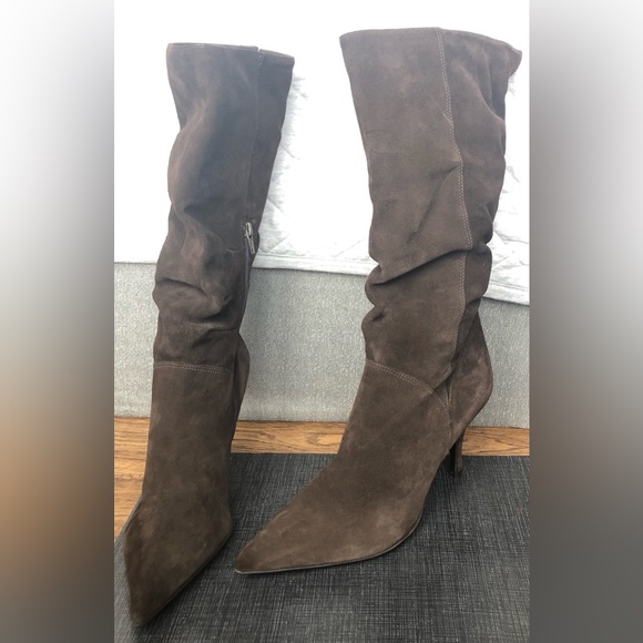 Diba Shoes - Diba East Astra ruched dark brown suede boots.